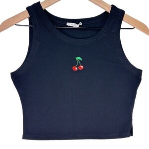 BEAR DANCE Womens Black Cherry Embroidered Ribbed Fabric Cropped Tank Top Medium